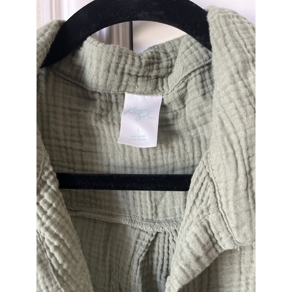 Kona Sol Sage Green Gauze Button Down Shirt Size L Oversized Beach Cover Up - Picture 3 of 5